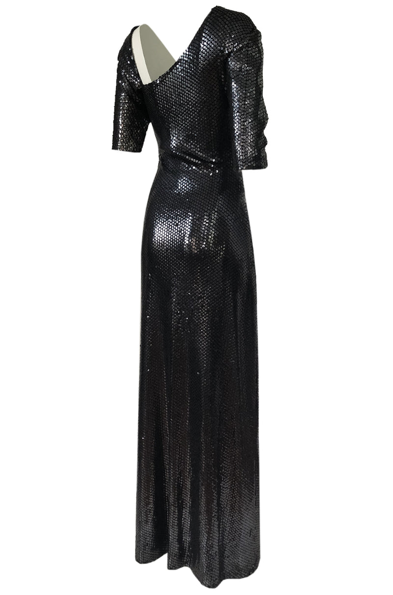 Iconic 1976 Halston Glossy Gunmetal Black Sequin Asymmetrical Full Len Shrimpton Couture Iconic 1976 Halston Glossy Gunmetal Black Sequin Asymmetrical Full Len Shrimpton Couture
