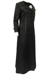 1970s Joseph Magnin Black Glitter Lame Full Length Great Coat Maxi Coat
