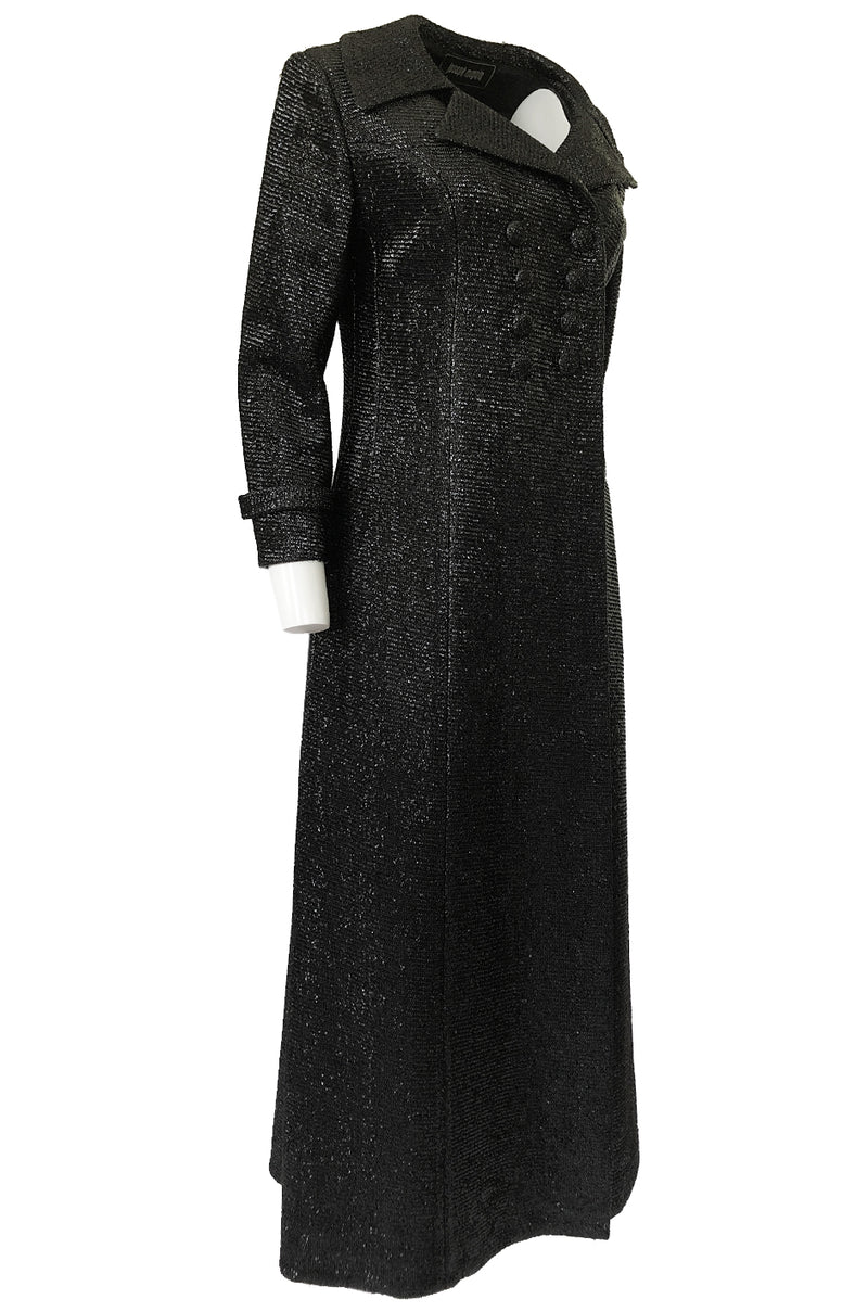 1970s Joseph Magnin Black Glitter Lame Full Length Great Coat Maxi Coat