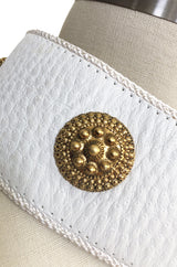 1970s Christian Dior White Belt w Gold Metal Medallions