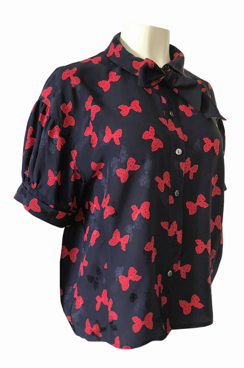 1970s Chloe Butterfly Bow Print Navy & Red Silk Top w Tie