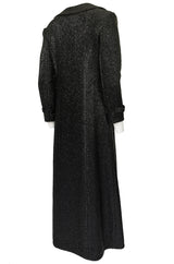 1970s Joseph Magnin Black Glitter Lame Full Length Great Coat Maxi Coat