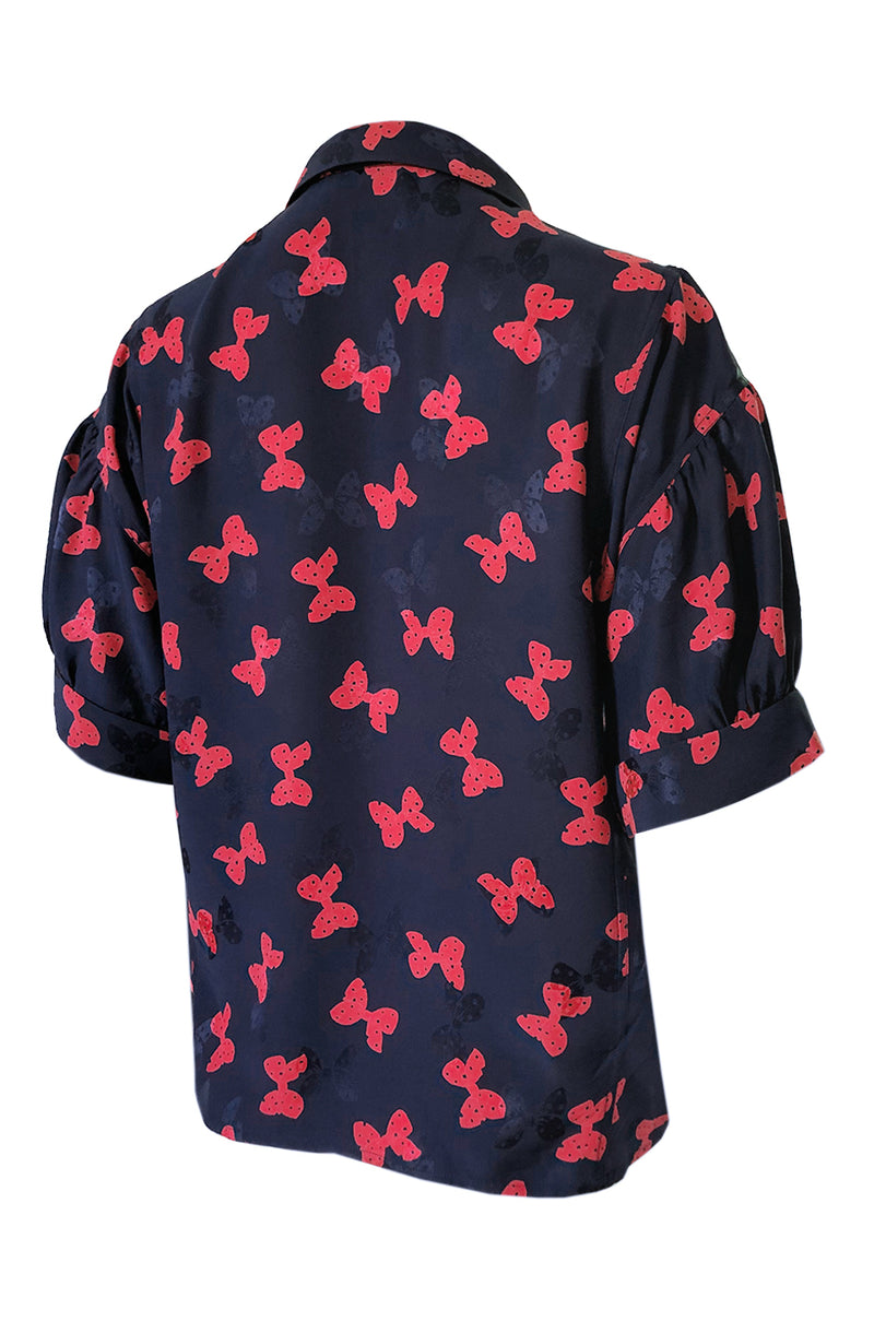 1970s Chloe Butterfly Bow Print Navy & Red Silk Top w Tie