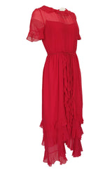 1970s Bill Blass Feather Light Red Ruffled Tiered Skirt Silk Chiffon Dress