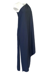 1978 Halston Deep Blue One Shoulder Draped Jersey Maxi Dress