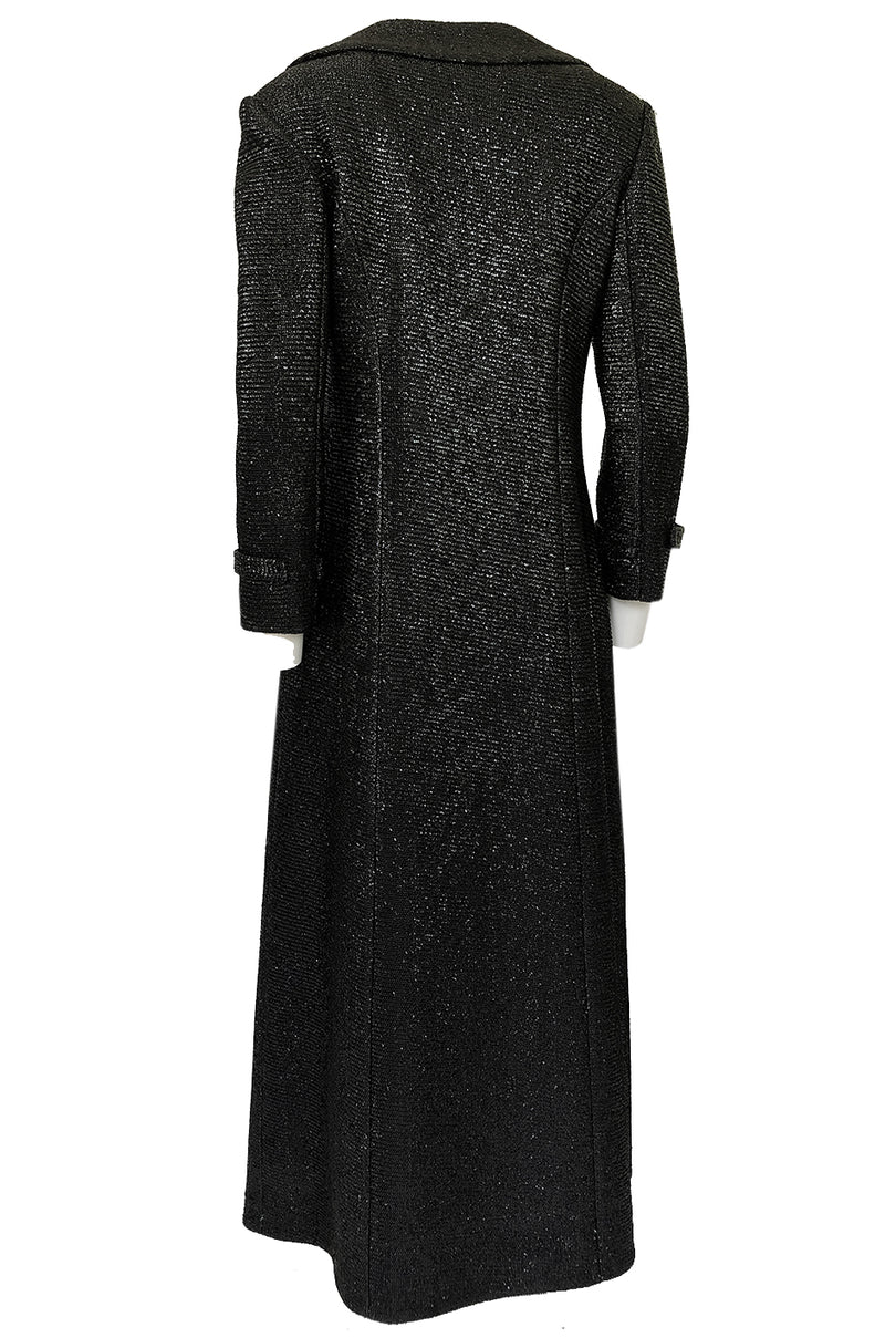1970s Joseph Magnin Black Glitter Lame Full Length Great Coat Maxi Coat