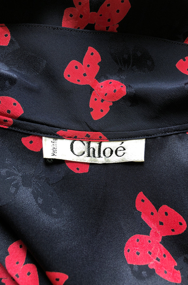1970s Chloe Butterfly Bow Print Navy & Red Silk Top w Tie