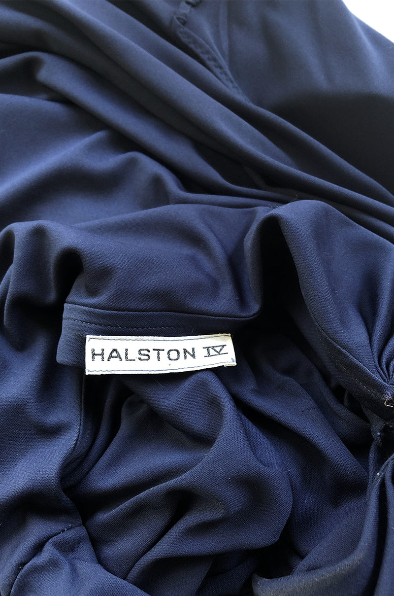 1978 Halston Deep Blue One Shoulder Draped Jersey Maxi Dress