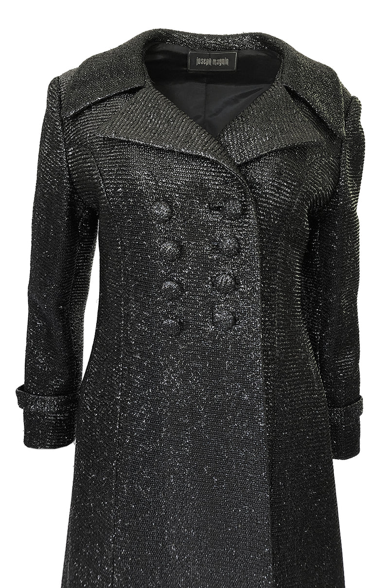 1970s Joseph Magnin Black Glitter Lame Full Length Great Coat Maxi Coat