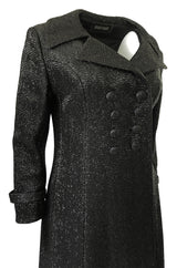 1970s Joseph Magnin Black Glitter Lame Full Length Great Coat Maxi Coat