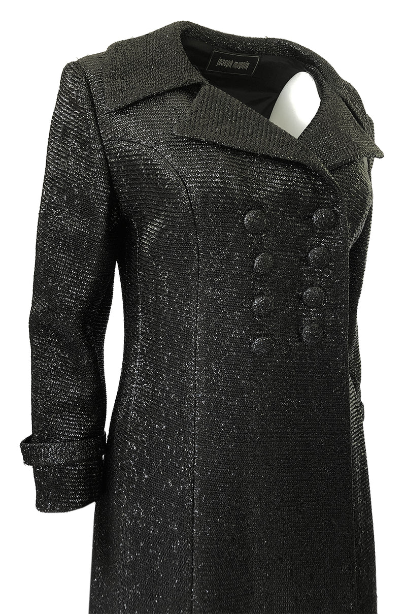 1970s Joseph Magnin Black Glitter Lame Full Length Great Coat Maxi Coat