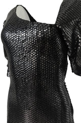 Iconic 1976 Halston Glossy Gunmetal Black Sequin Asymmetrical Full Length Dress