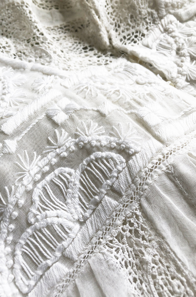 c1900s Antique Fine White Hand Made Linen, Lace & Embroidered Top