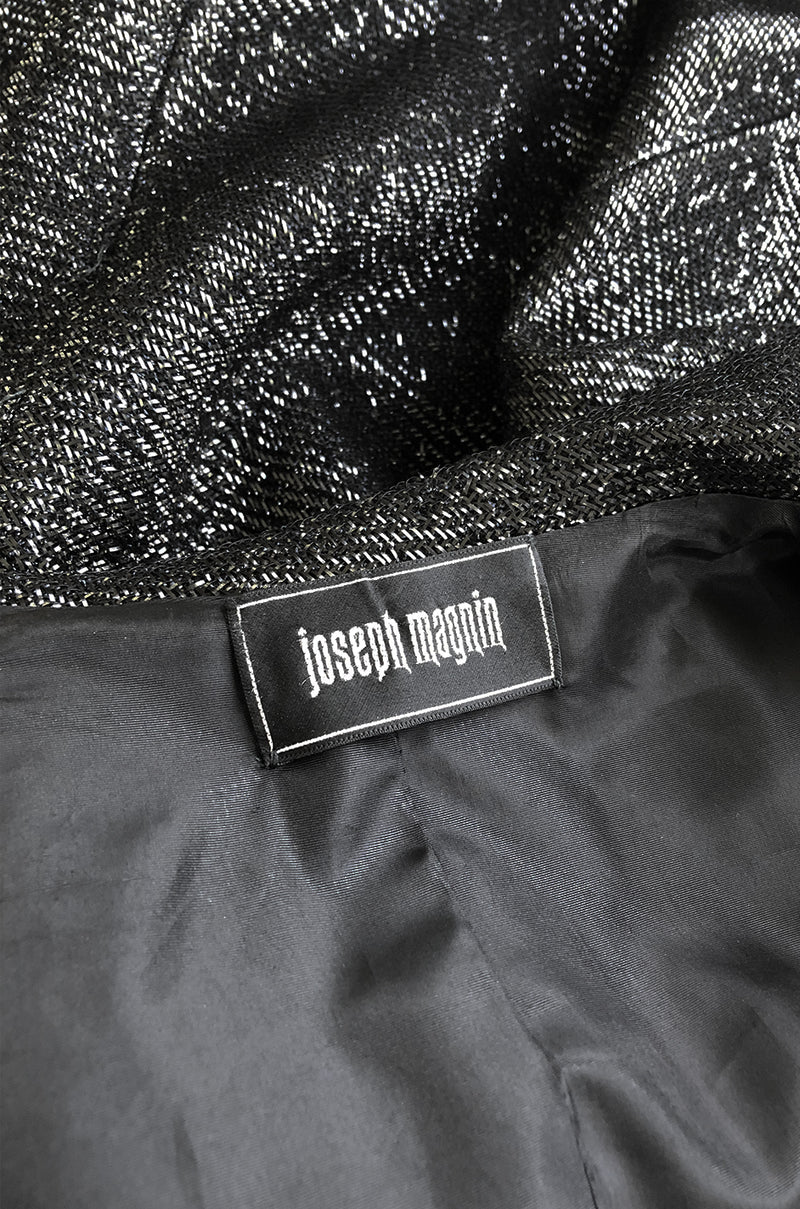 1970s Joseph Magnin Black Glitter Lame Full Length Great Coat Maxi Coat