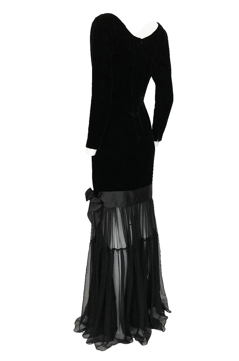 Fall 1987 Yves Saint Laurent Fitted Black Velvet & Sheer Silk Chiffon Dress