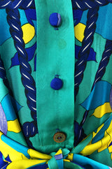 Dated 1975 La Mendola Turquoise & Blues Belted Silk Shirt Dress