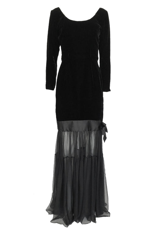 Fall 1987 Yves Saint Laurent Fitted Black Velvet & Sheer Silk Chiffon Dress