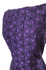 Pretty 1950s Purple Embroidered Netted Lace Floral Wiggle Dress