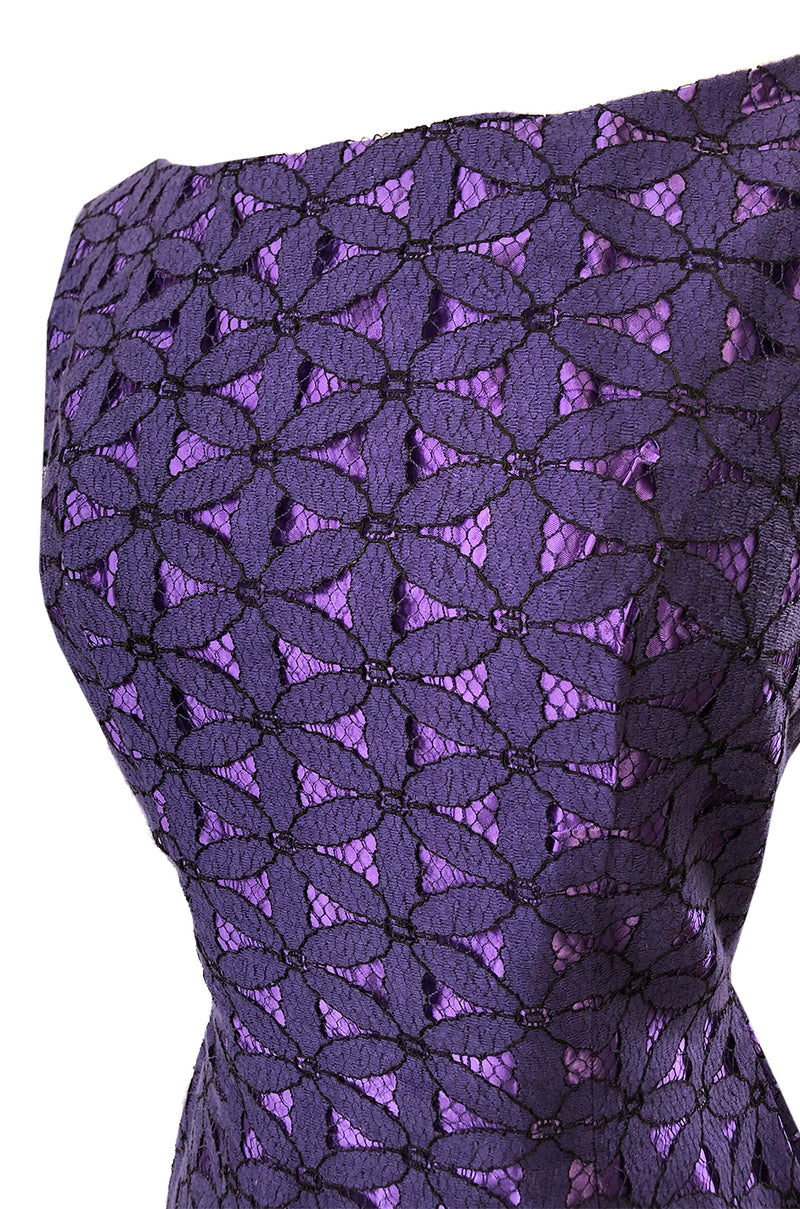 Pretty 1950s Purple Embroidered Netted Lace Floral Wiggle Dress