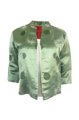 Gorgeous 1930s Unlabeled Green Silk Asian Jacket w Red Silk Lining