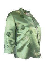 Gorgeous 1930s Unlabeled Green Silk Asian Jacket w Red Silk Lining