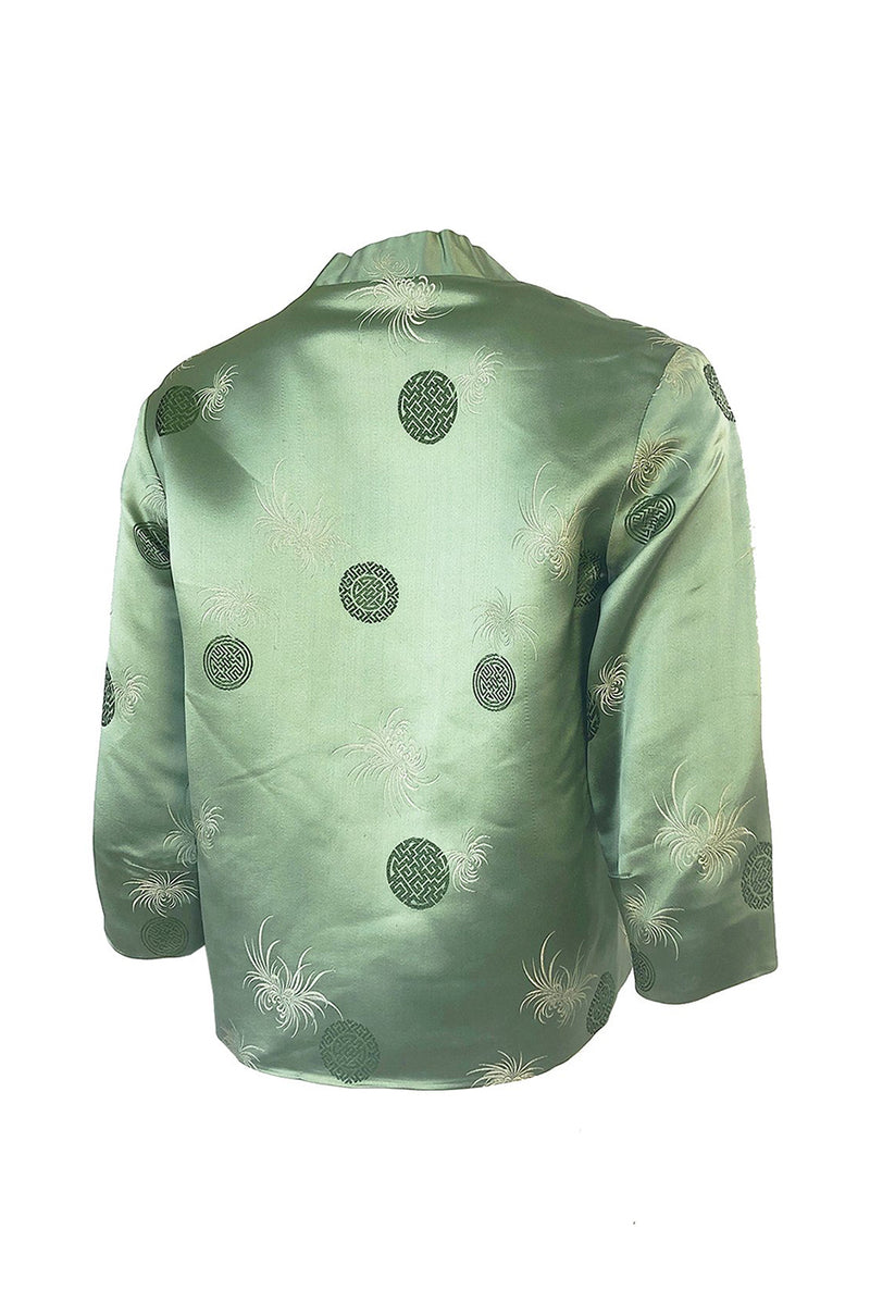 Gorgeous 1930s Unlabeled Green Silk Asian Jacket w Red Silk Lining
