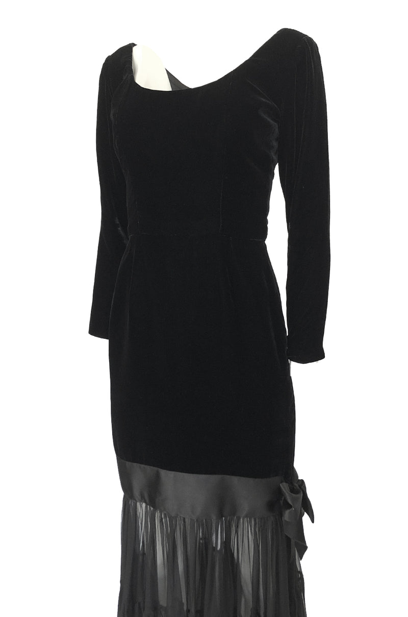 Fall 1987 Yves Saint Laurent Fitted Black Velvet & Sheer Silk Chiffon Dress