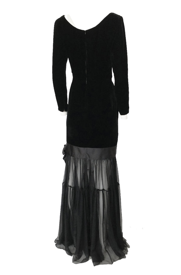Fall 1987 Yves Saint Laurent Fitted Black Velvet & Sheer Silk Chiffon Dress