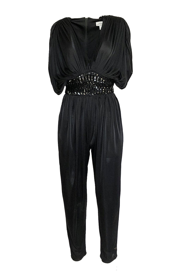 1980s Black Plunge Front Draped Jersey & Sequin Cropped Jumpsuit