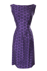 Pretty 1950s Purple Embroidered Netted Lace Floral Wiggle Dress