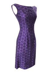 Pretty 1950s Purple Embroidered Netted Lace Floral Wiggle Dress