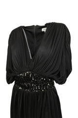 1980s Black Plunge Front Draped Jersey & Sequin Cropped Jumpsuit
