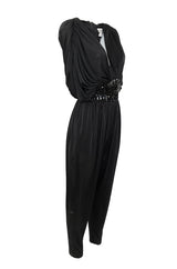 1980s Black Plunge Front Draped Jersey & Sequin Cropped Jumpsuit