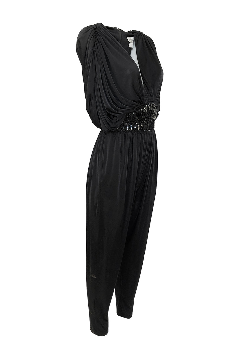 1980s Black Plunge Front Draped Jersey & Sequin Cropped Jumpsuit ...