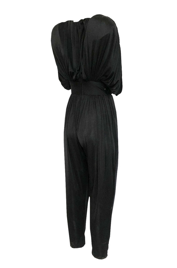 1980s Black Plunge Front Draped Jersey & Sequin Cropped Jumpsuit