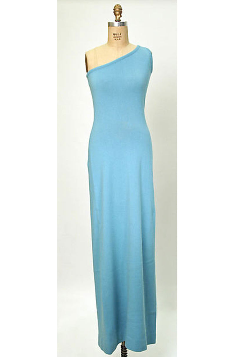 Museum Held 1977 Halston Blue Cashmere One Shoulder Dress
