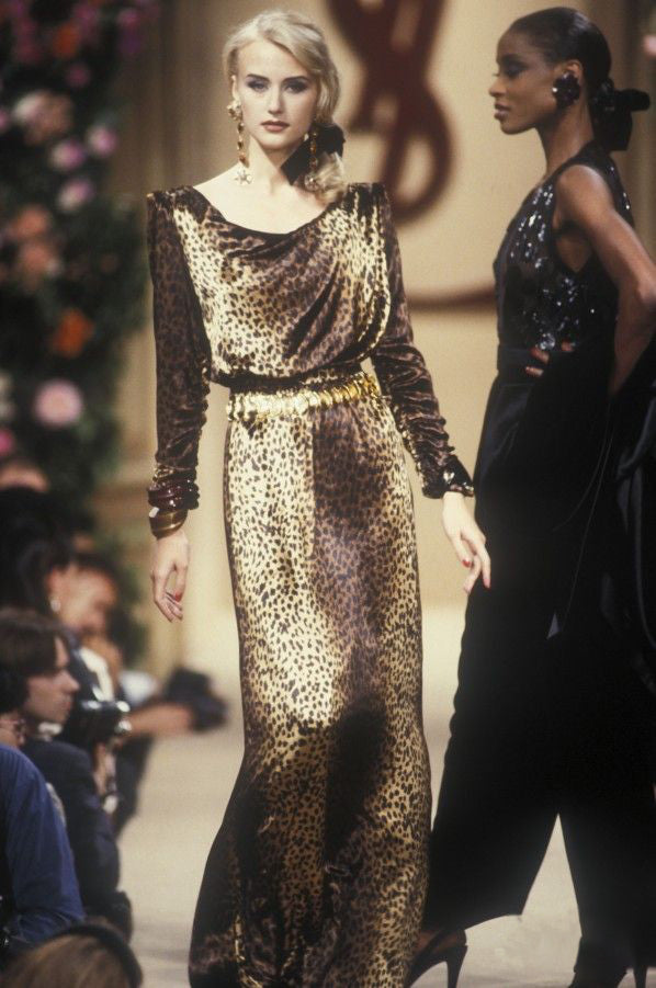 Important Spring 1993 Yves Saint Laurent Runway Draped Neckline Panne Velvet Leopard Print Dress