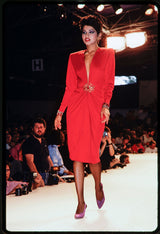 Iconic Fall 1985 Yves Saint Laurent Ad Campaign Red Plunge Dress w Jewel Clasp