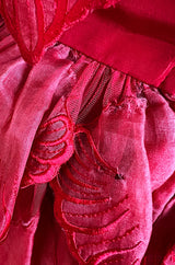 1980s Unlabeled Nina Ricci by Girard Pipard Haute Couture Red Silk & Net Leaf or Petal Dress
