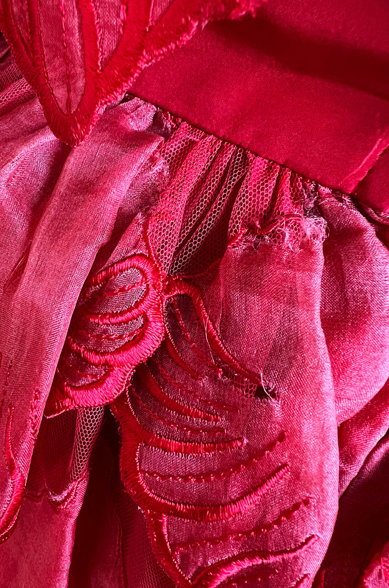 1980s Unlabeled Nina Ricci by Girard Pipard Haute Couture Red Silk & Net Leaf or Petal Dress