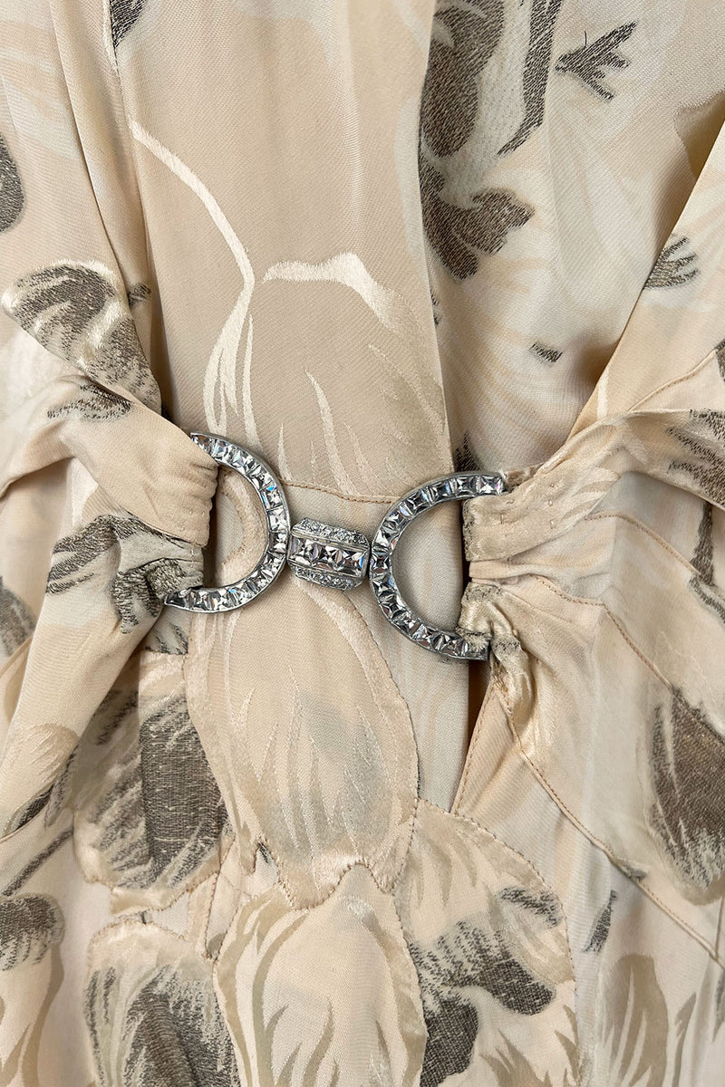 Rare & Beautiful 1920s E. L. Mayer Pale Gold Silk Flapper Dress w Lame & Rhinestone Detailing