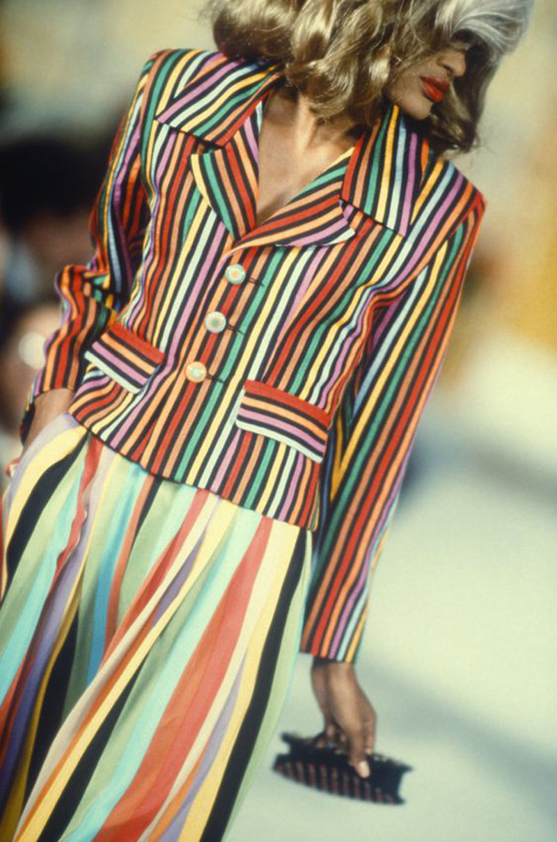 Spring 1992 Todd Oldham Floral Top w Rainbow Striped Jacket & Skirt Suit