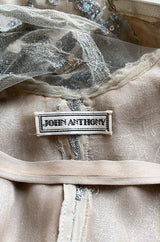 Exquisite 1985 John Anthony Nude Silk Chiffon & Net Dress w Silver Chain Rhinestones and Beads