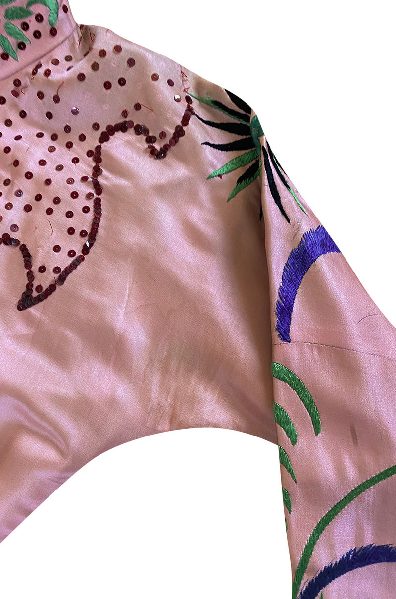 Rare Antique / 1920s Hand Embroidered & Sequinned Pink Silk Cheongsam Textile Example Dress