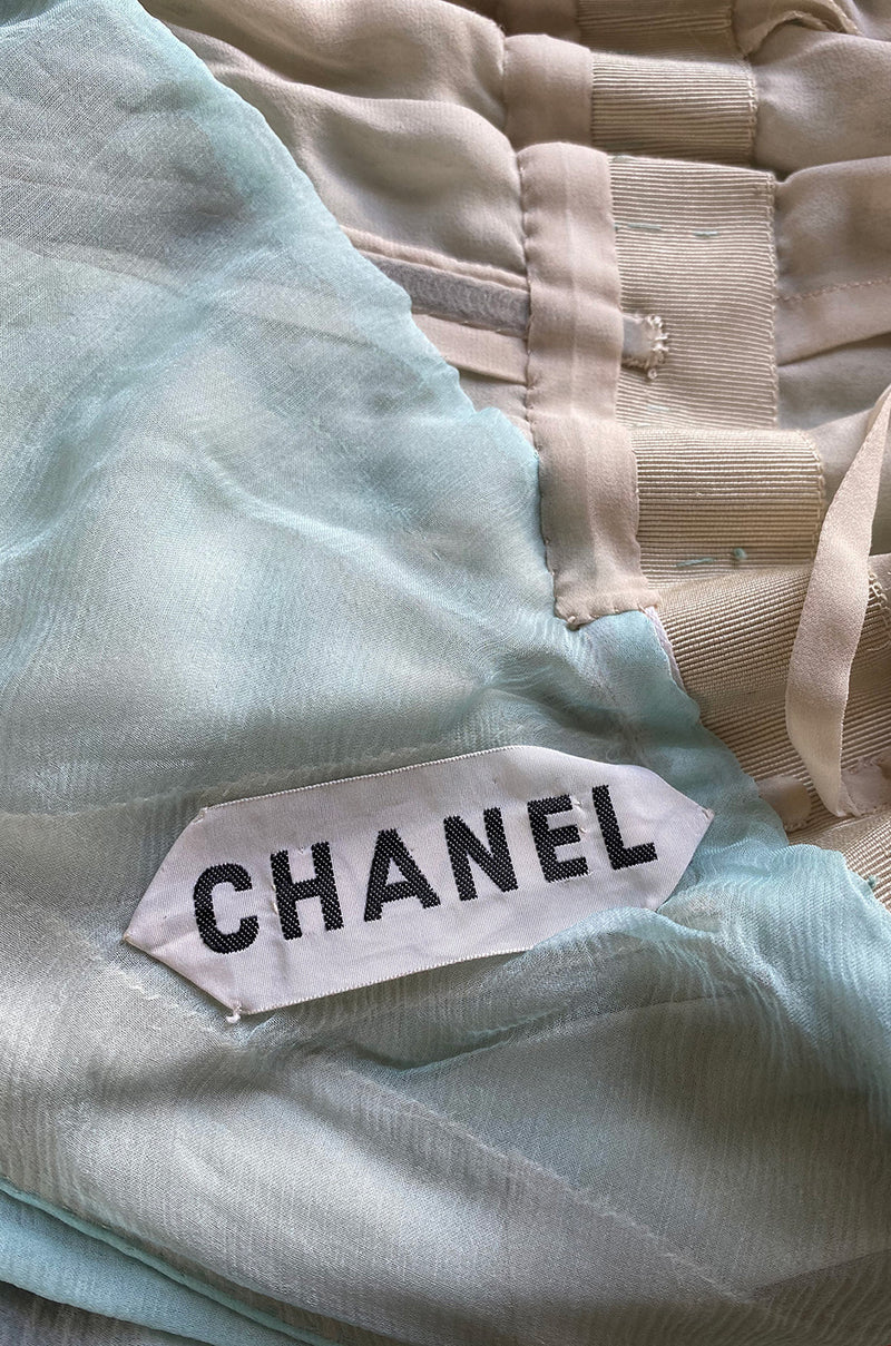 Spring 1976 Chanel Haute Couture Pale Turquoise Silk Chiffon Dress w PinTuck Gathered Front