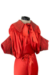 Gorgeous 1930s Coral Red Bias Cut Dress w Back Cut Outs & Matching Beaded Jacket