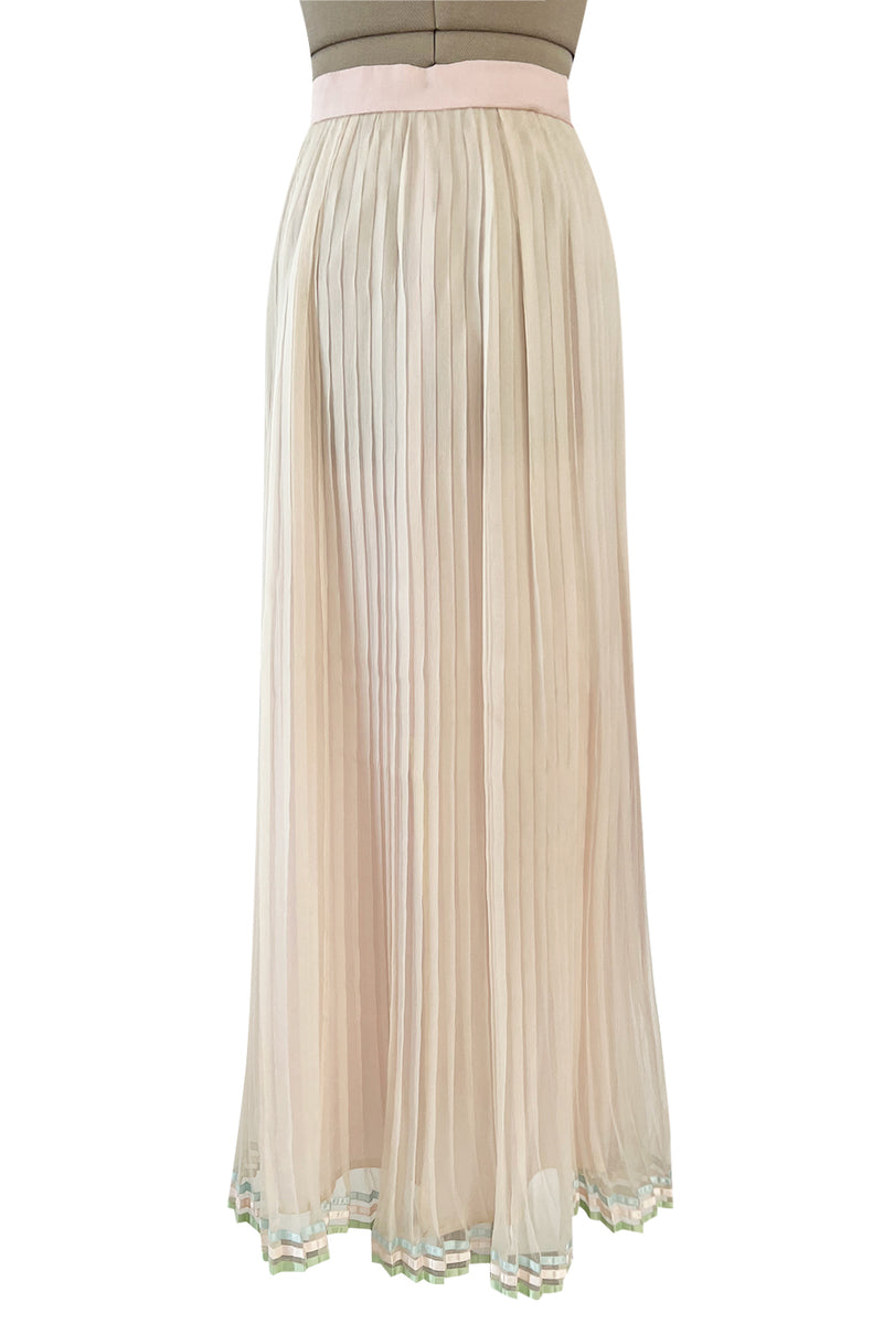 1976 Bill Gibb Couture Pleated Silk Chiffon Skirt w Metallic Thread Embroidered Silk Net Coat