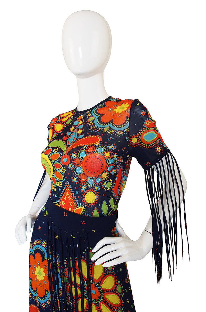 1970s Metal Tip Fringe Maxi Dress