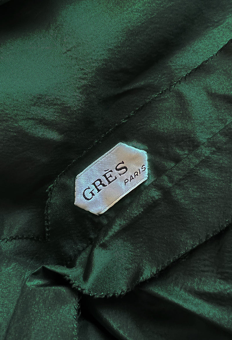 Rare 1977 Madame Gres Haute Couture Dress & Cape in a Deep Green Silk Taffeta