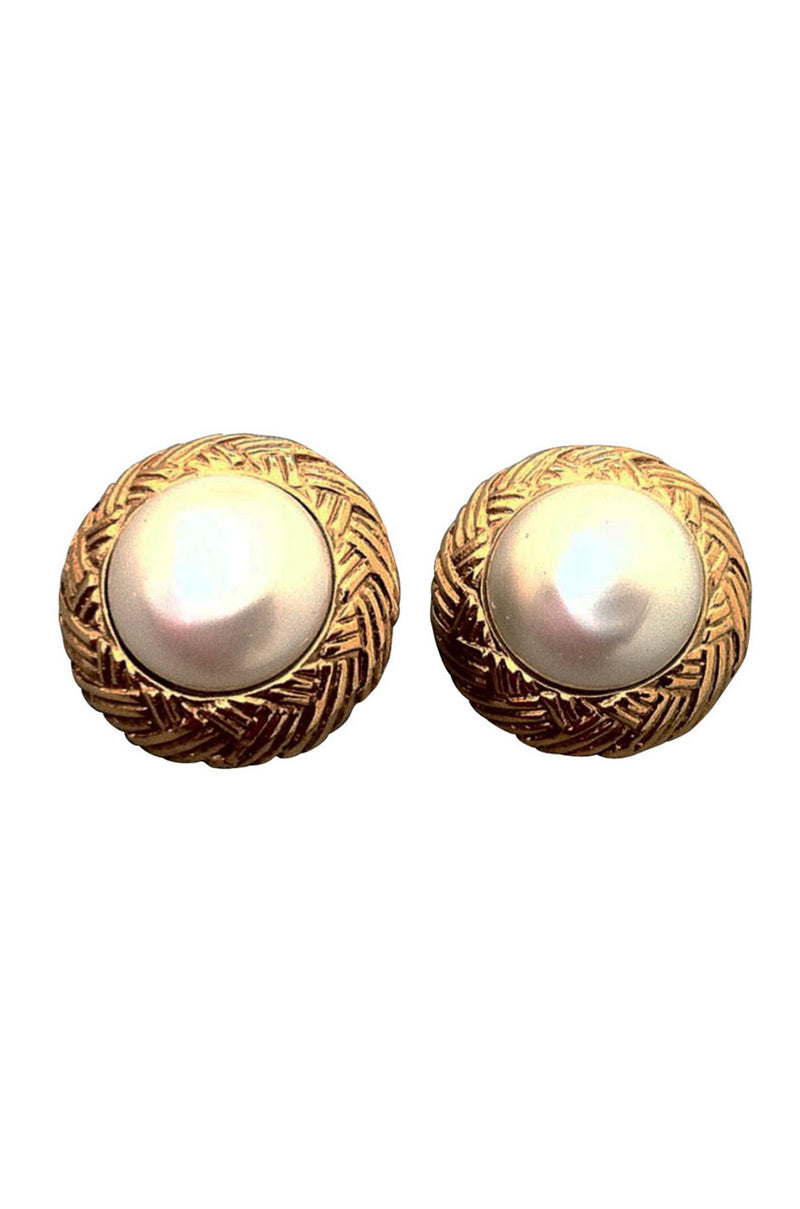 Chanel Vintage 1993 Gold Toned CC Ball/Faux Pearl Drop Clip On